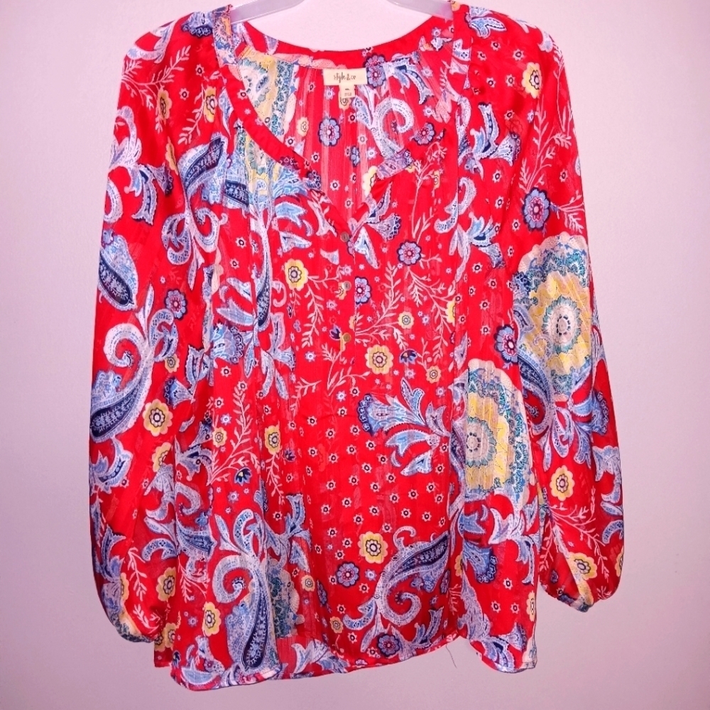 Style and Co women's sheer blouse size XXL red and blues multicolor flo…